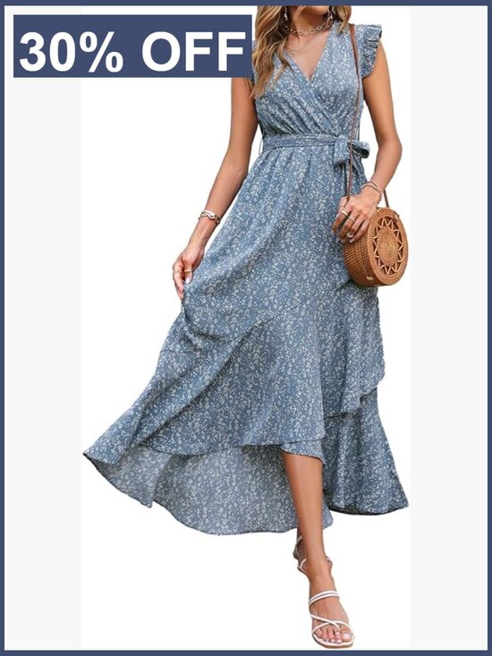 Dresses & Skirts - Boho Wrap Maxi Dress with Ruffle Sleeves and Self Tie Belt